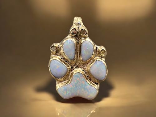 LeoLars-PABE Hunde Pfote Anhänger aus 585er Gelbgold mit herrlichen handgeschliffenen Multicolor Mintabie Opalen, Pfötchen, in Zargenfassung, Unikat, Handarbeit