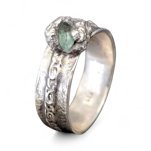 LeoLars-PABE Türkisfarbener Turmalin Design Ring, Gr. 57 (18,3), aus 925er Silber, Turmalin Navette facettiert, organisch geteilte Zargenfassung, verziert, Unikat, Handarbeit
