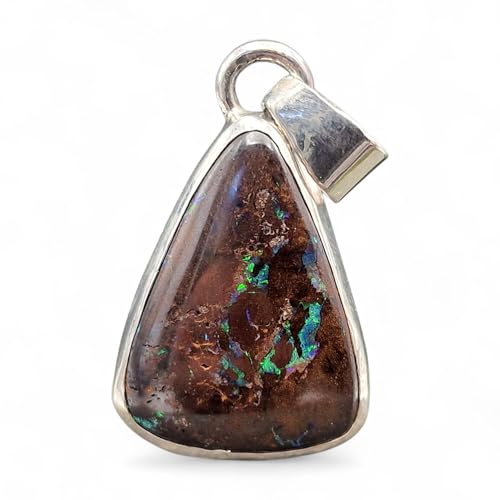 LeoLars-PABE Boulder Opal Anhänger aus 925er Silber in Zargenfassung, Opal mit schönem Muster und grünem Opalfeuer, Unikat, Handarbeit, Unisex, Anhängermaße: 29mm x 18,2mm x 8mm