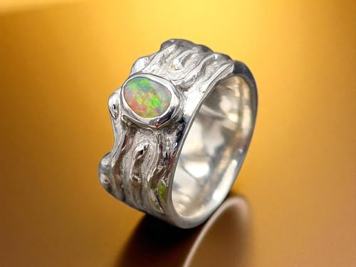 LeoLars-PABE Lightning Ridge Opal Design Ring, Gr. 54 (17,3), aus 925er Silber, Wellen Design, Multicolor Opalfeuer Semi Chrystal Opal, Unikat, Handarbeit