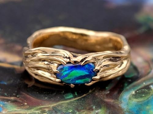 LeoLars-PABE Herrlicher schwarzer Opal Design Ring, Gr. 57 (18), aus 585er Gelbgold, orgaanisch gewachsenes Design, Opal - brilliantes grünes Opalfeuer, 7,5mm x 4,7mm, Unikat, Handarbeit