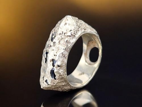 LeoLars-PABE Sandguss Felsendesign Saphir Ring, Gr. 59 (18,8), aus 925er Silber, Felsenoptik mit Saphiradern, blaue Saphire eingegossen, Nr.150, Unikat, Handarbeit