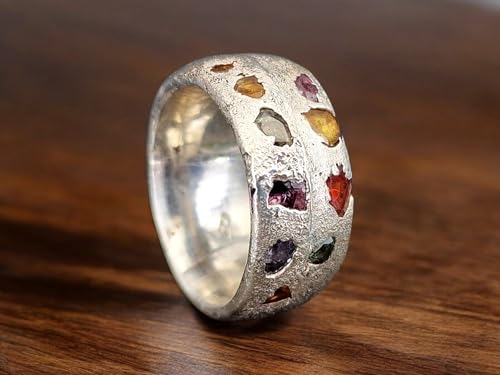 Design Sandguss Chaos Ring aus 925er Silber mit echten größeren eingegossenen verschieden farbigen Saphiren, Sandguss typische Oberflächen Struktur, Nr.138, Unikat, Handarbeit, Größe 54 (17,2)
