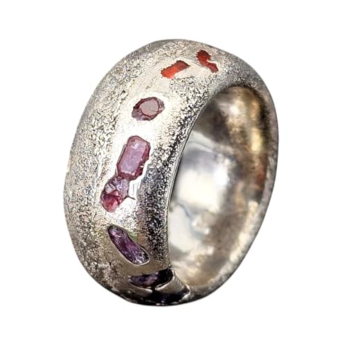 LeoLars-PABE Sandguss Chaos Design Ring, Gr.55 (17,5), aus 925er Silber mit echten eingegossenen verschieden farbigen Saphiren, Sandguss typische Oberflächen Struktur, Nr.142, Unikat, Handarbeit