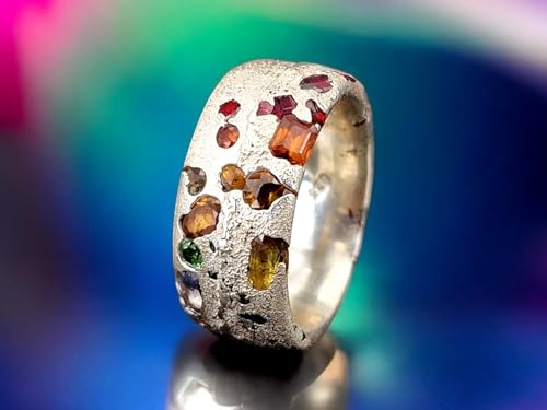 LeoLars-PABE Bunter Sandguss Chaos Design Ring, Nr.132, Größe 53(17), aus 925er Silber mit echten eingegossenen Saphiren, massiv, Sandguss Oberflächen Struktur, Handarbeit, Unikat