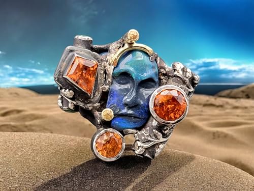 LeoLars-PABE Außergewöhnlicher Opal Edelstein Design Ring aus 925er Silber Größe 56 (18) mit schwarzem gecarvten Opal als Maske, mit verschiedenen Edelsteinen, Unikat, Handarbeit