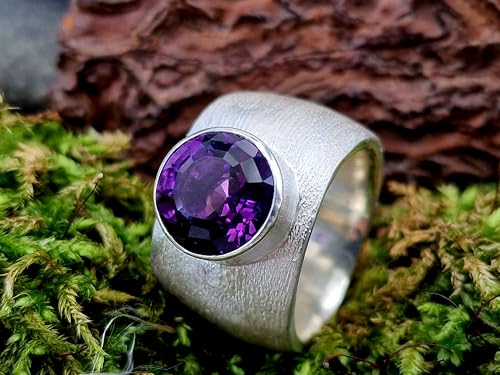 LeoLars-PABE Sehr massiver Amethyst Design Ring aus 925er Silber, fein schraffierte Oberflächen Struktur, Größe: 58-59 (18,7), Handarbeit, Unikat
