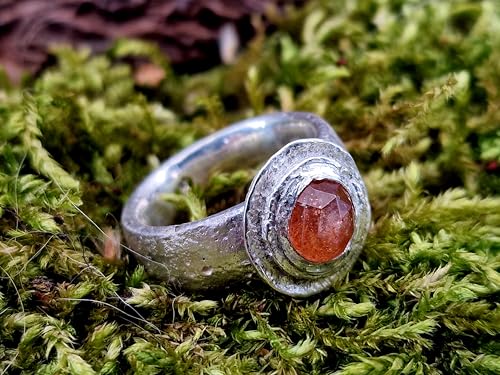 LeoLars-PABE Sonnenstein Sandguss Design Ring aus 925er Silber, Sandguss Struktur, Sonnenstein im Rosenschliff, Gr. 59/60 (19), Unikat, Handarbeit