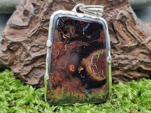 LeoLars-PABE Boulder Opal Design Anhänger aus 925er Silber, Opal Picture Stone mit tollem Muster und partiell mehrfarbigem Opalfeuer, Gitterfassung, Unikat, Handarbeit, Unisex