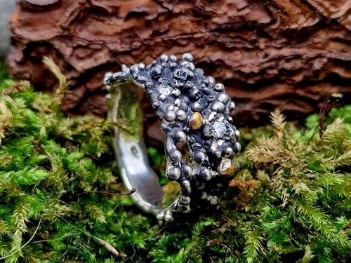 LeoLars-PABE Diamant und Spinell Design Ring aus 925er Silber mit Feingold Nuggets, zwei weiße Diamanten, 3 schwarze Spilelle, Bubble Design, Größe: 63 (20), Unisex, Unikat, Handarbeit