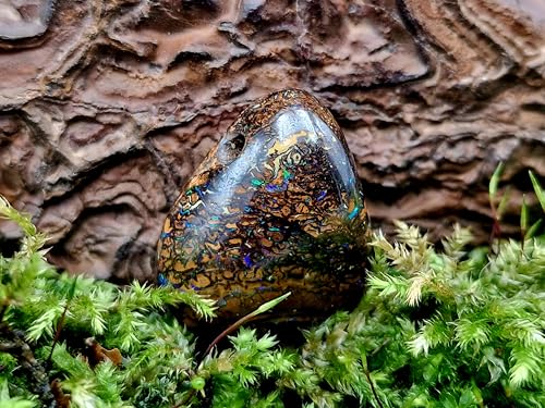 gebohrter Boulder Opal Anhänger mt 60cm Lederband, Opal - mit herrlichem Muster und Opalfeuer in grün und blau als Pinfire und aus kleinen Opaladern, 22,5 x 20,2 x 9,7mm, Unikat, Handgeschliffen