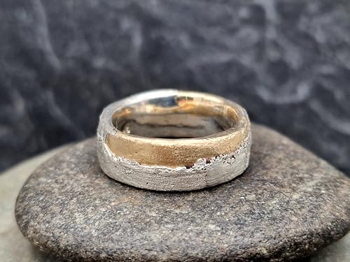 LeoLars-PABE Bicolor Sandguss Design Ring aus 925er Silber und 585er Gelbgold, angegossen, Sandguss Oberflächen Struktur, Unikat, Handarbeit, Ringgröße: 57 (18,5)