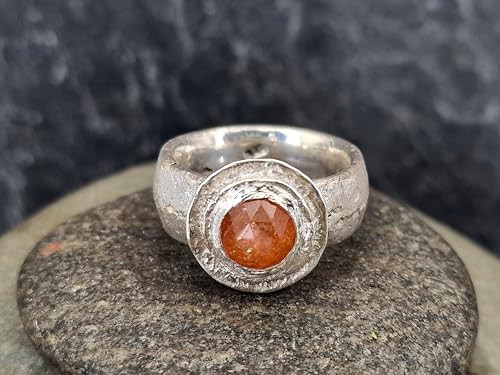 LeoLars-PABE Sonnenstein Sandguss Design Ring aus 925er Silber, Sandguss Struktur, Sonnenstein im Rosenschliff, Gr. 59/60 (19), Unikat, Handarbeit