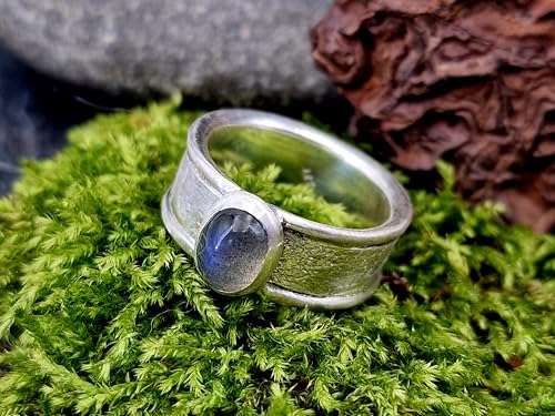 Labradorit Design Ring aus 925er Silber, Gr. 60-61(19,3), Labradorit Cabochon mit schönem rollenden blauen Farbspiel, Unikat, Handarbeit