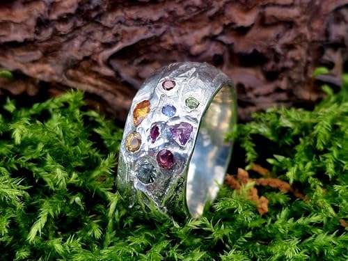 LeoLars-PABE Kräuterblätter Design 420 Ring aus 925er Silber, Größe 58 (18,5), verschiedenfarbige eingeriebene Saphiren, Massiv, Unikat, liebevolle Handarbeit, Maße Ring. 25mm x 24,5mm x 10mm