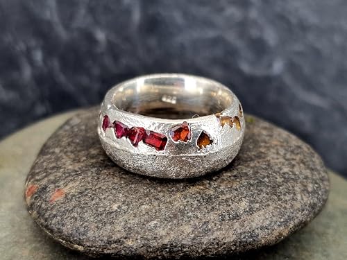 LeoLars-PABE Design Chaos Sandgus Ring, Gr.56(18), aus 925er Silber mit echten eingegossenen rotem, orangen und gelben Saphiren, halb und halb poliert und strukturiert, Nr.141, Unikat, Handarbeit