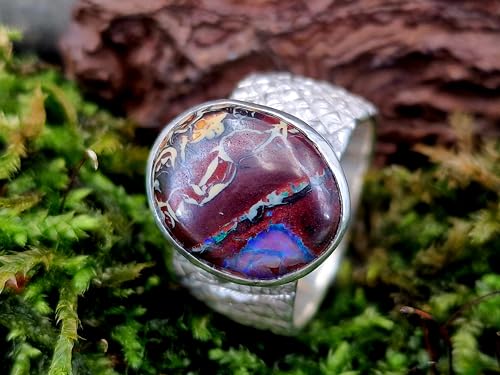 LeoLars-PABE 925er Silber Design Ring mit Boulder Opal, Opal mit tollem Muster und partiell blauem Opalfeuer, wilde Oberflächen Struktur, massiv, Ringgröße: 59 (18,7), Unikat, Handarbeit