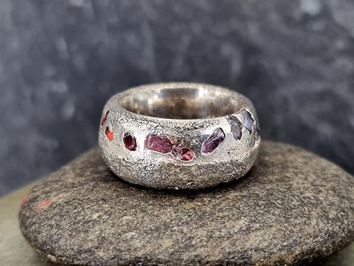 LeoLars-PABE Sandguss Chaos Design Ring, Gr.55 (17,5), aus 925er Silber mit echten eingegossenen verschieden farbigen Saphiren, Sandguss typische Oberflächen Struktur, Nr.142, Unikat, Handarbeit