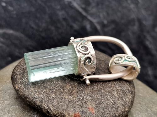 LeoLars-PABE Aquamarin Kristall Design Anhänger aus 925er Silber, blauer schöner und klarer Rohkristall, spezielle Aufhängung und Schlaufe, Unikat, Handarbeit