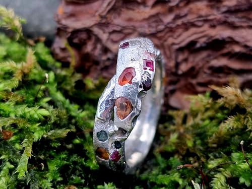 LeoLars-PABE Brechende Welle Design Chaos Sandguss Ring aus 925er Silber, mit echten eingegossenen Edelsteinen, Ringgröße: 63 (20), Unikat, Handarbeit