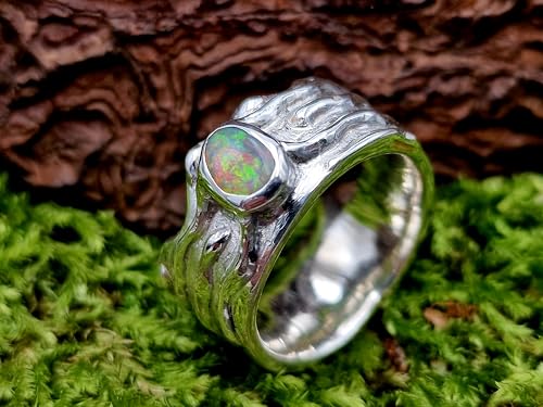 LeoLars-PABE Lightning Ridge Opal Design Ring, Gr. 54 (17,3), aus 925er Silber, Wellen Design, Multicolor Opalfeuer Semi Chrystal Opal, Unikat, Handarbeit