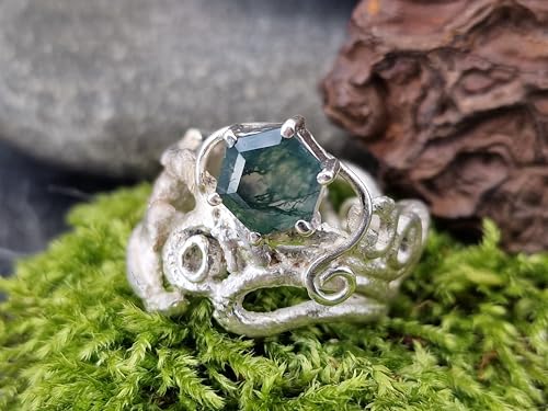 LeoLars-PABE Moosachat Ring im Krakendesign aus 925er Silber, Gr. 63-64 (20,3), Moosachat mit schönem Innenleben, facettiert mit Stotzenfassung, Unikat, Handarbeit