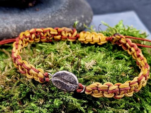 LeoLars-PABE Beige braunes Makramee Armband mit teilgeschwärzter echter Kaffeebohner aus 925er Silber, Umfang von 15-27cm, Unikat, Handarbeit, Unisex
