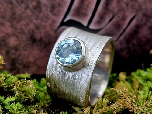 LeoLars-PABE Kräuter 420 Design Ring aus 925er Silber, mit blauem Aquamarin und echter Pflanzen Struktur, Größe 58 (18,5), Unikat, Handarbeit