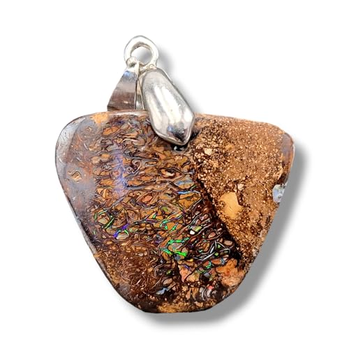 LeoLars-PABE Boulder Opal mit Frontbohrung und Schlaufe aus 925er Silber, tolles Muster und Opalfeuer aus kleinen Opaladern in grün und blau, Maße 21mm x 25,4mm x 6,2mm, Unikat, Handgeschliffen
