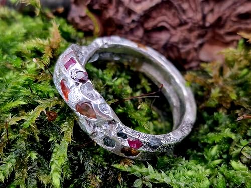 LeoLars-PABE Brechende Welle Design Chaos Sandguss Ring aus 925er Silber, mit echten eingegossenen Edelsteinen, Ringgröße: 63 (20), Unikat, Handarbeit
