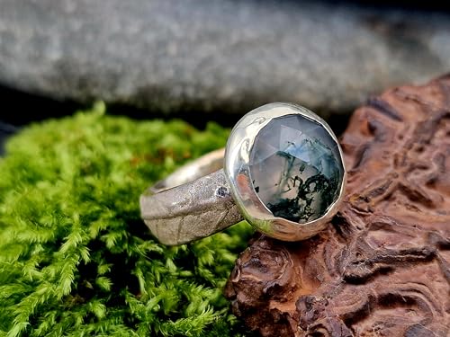 LeoLars-PABE Moosachat Design Ring, Gr. 58 (18,5), aus 925er Silber mit tollem Innenleben und Kräuterdesign 420 Nr. 0102 Ringschiene, Unikat, Handarbeit