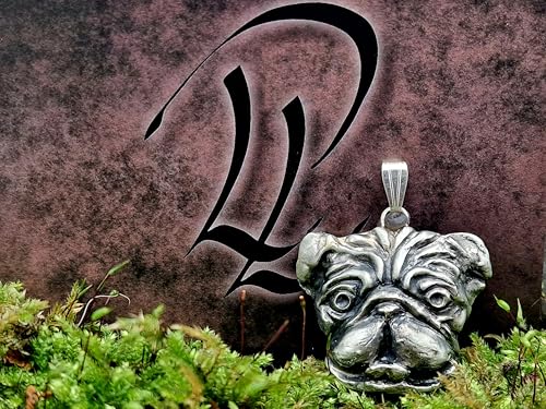 LeoLars-PABE Hunde Anhänger aus 925er Silber, Mops, Frenchie, French-Bulldog, Bulldog, teilgeschwärzt, Unikat, Handarbeit, Unisex, Maße: 28,7mm x 29,2mm x 7,7mm