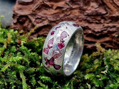 LeoLars-PABE Chaos Sandguss Design Ring aus 925er Silber, mit echten eingegossenen rosa Saphir und rotem Rubin, Nr.120, Größe: 59 (18,7), Unikat, Handarbeit