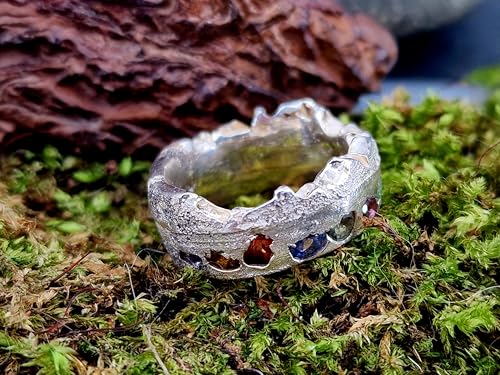 LeoLars-PABE Sandguss Design Chaos Ring im halbseitig zerstörtem Design aus 925er Silber mit echten eingegossenen Edelsteinen, Gr.55/56 (17,8), Nr.149, Unikat, Handarbeit
