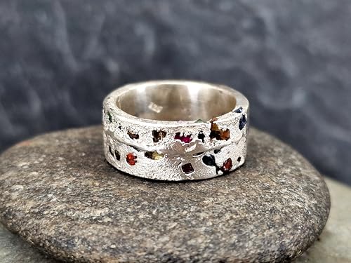 LeoLars-PABE Design Sandguss Chaos Ring, Größe 56 (17,8), aus 925er Silber, Sandguss Oberfläche, verschieden farbige eingegossene echte Saphire, Nr. 133, Unikat, Handarbeit