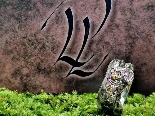 LeoLars-PABE Rustikaler Design Ring, Gr. 61 (19,5), aus 925er Silber und 585er Gelbgold Elementen mit weißen und pinken Labgrown Diamanten, teilgeschwärzt, Unikat, Handarbeit