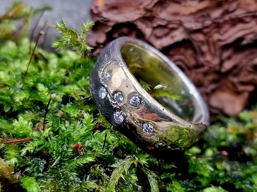 LeoLars-PABE Diamant Sandguss Bicolor Design Ring, aus 925er Silber und 585er Gelbgold, 7 echte Diamanten, teilgeschwärzt, Größe 56 (18), Unikat, Handarbeit