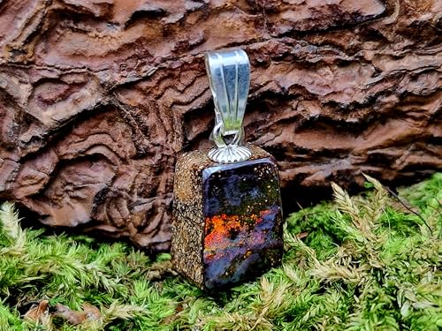 Picture Stone Boulder Opal Anhänger mit 925er Silber Stiftöse, kleines Universum mit Opalfeuer Pinfire in grau, orange, gelb und rot, Anhängermaße: 16mm x 9,6mm x 6,6mm, Unikat, Handgeschliffen