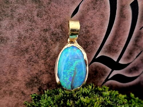 LeoLars-PABE Semi Chrystal Opal Anhänger aus Lightning Ridge mit Wellen Design Fassung aus 585er Gelbgold, Opal blau-grünes Opalfeuer, 13,8x9,2mm, Unikat, Handarbeit