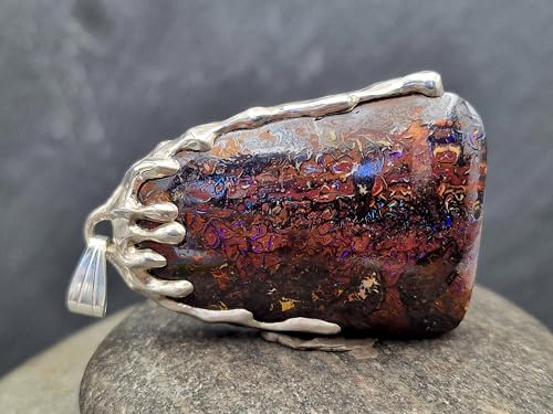 Boulder Opal Tropfendesign Anhänger aus 925er Silber, flüssiges Silber, Opal mit herrlichen Muster, Picture Stone, Opalfeuer in grün, blau und lila, Unikat, Handarbeit, Unisex