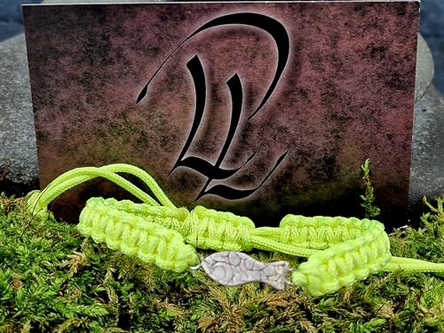 LeoLars-PABE Neon grün-gelbes Makramee Armband mit geprägtem Schlickfisch aus 925er Silber, Umfang von 15-24cm, Unikat, Handarbeit