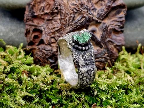 LeoLars-PABE Dermatoid Rohkristall Design Ring aus 925er Silber, Größe 61 (19,2), zum Teil geschwärzt, natürlicher Stein Oberfläche mit Silberkugel, Unikat, Handarbeit