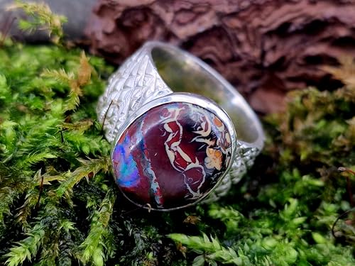 LeoLars-PABE 925er Silber Design Ring mit Boulder Opal, Opal mit tollem Muster und partiell blauem Opalfeuer, wilde Oberflächen Struktur, massiv, Ringgröße: 59 (18,7), Unikat, Handarbeit
