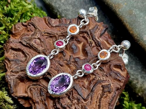 Design Edelstein Ohrhänger baumelnd mit Stecker aus 925er Silber mit Mandarin Granat, Rubin und Amethyst in Zargenfassung, Unikat, Handarbeit