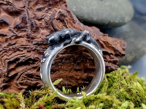 LeoLars-PABE Raubkatzen Design Ring, Gr. 59 (18,7), aus 925er Silber mit einem rund facettiertem blauen Saphir, teilgeschwärzt, Unikat, Handarbeit
