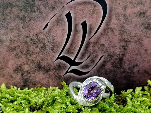 LeoLars-PABE Amethyst Design Ring, Gr. 58-59 (18,7), aus 925er Silber mit geschwungener Ringschiene, gehämmert, Unikat, Handarbeit