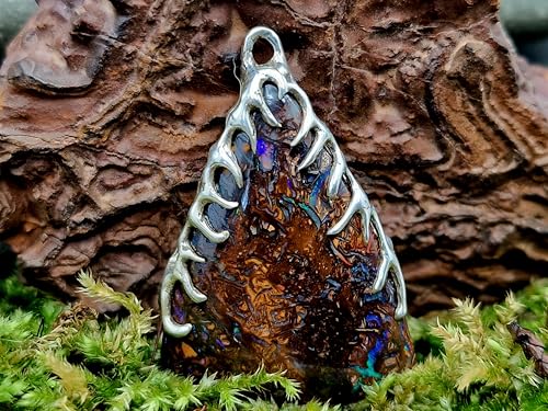 LeoLars-PABE Tribal Design Boulder Opal Anhänger aus 925er Silber mit herrlichem Muster und Opalfeuer in grün-lila-blau, Unikat, liebevolle Handarbeit