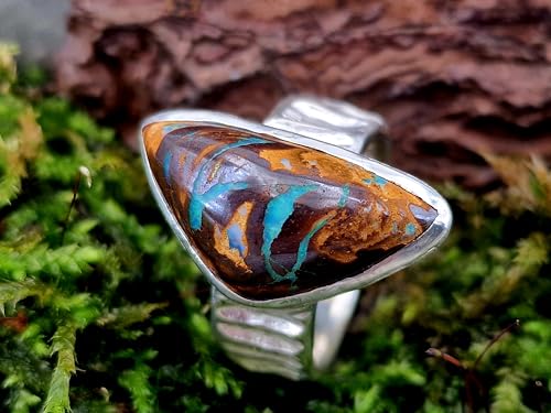 LeoLars-PABE Boulder Opal Design Ring aus 925er Silber, grob strukturierte Oberfläche, Opal grünes Opalfeuer aus Opaladern, Größe: 57-58 (18,3), Unikat, Handarbeit