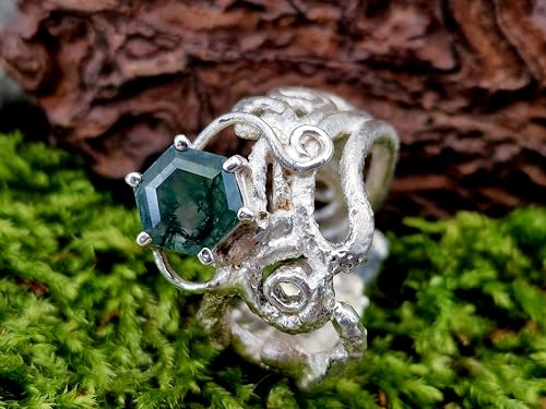 LeoLars-PABE Moosachat Ring im Krakendesign aus 925er Silber, Gr. 63-64 (20,3), Moosachat mit schönem Innenleben, facettiert mit Stotzenfassung, Unikat, Handarbeit