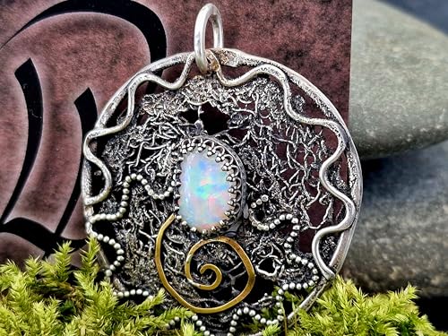 LeoLars-PABE Großer Lightning Ridge Opal Design Anhänger aus 925er Silber mit Spirale des Lebens aus Feingold, wildes organisches Filigree Muster, Unikat, Handarbeit
